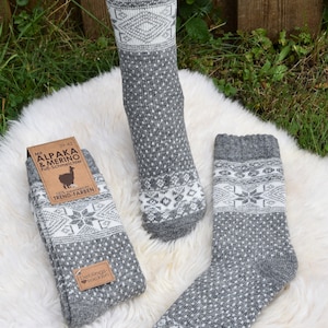 Winter Socken 35-46 Warme Norweger Socken mit Alpaka Wolle Merino Wolle Grau/Creme Haussocken Herbst Winter Unisex Norweger Socken Warm Bild 3