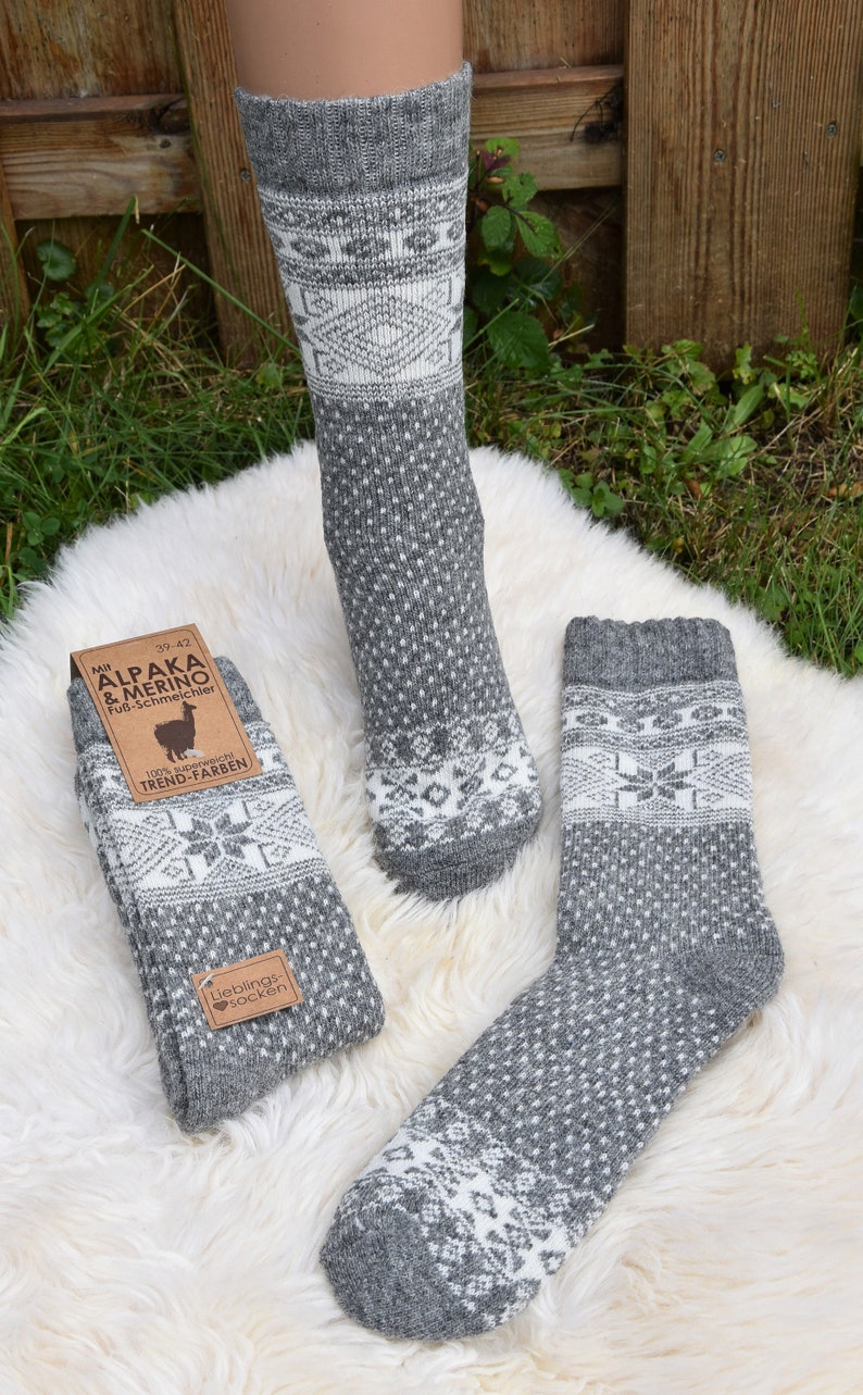 Winter Socken 35-46 Warme Norweger Socken mit Alpaka Wolle Merino Wolle Grau/Creme Haussocken Herbst Winter Unisex Norweger Socken Warm Bild 3