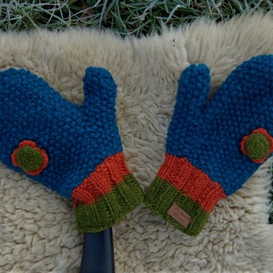 Handschuhe Wolle Türkis Fäustlinge Blume Winterhandschuhe Strick Handschuhe Gefüttert Hippie Handgestrickte Fäustlinge Blume Türkis Orange Bild 1