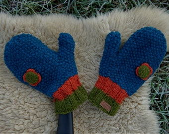 Handschuhe Wolle Türkis Fäustlinge Blume Winterhandschuhe Strick Handschuhe Gefüttert Hippie Handgestrickte Fäustlinge Blume Türkis Orange