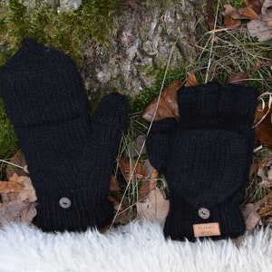 Klapphandschuhe Schwarz Handgestrickt Gefütterte Wollhandschuhe Fäustlinge Fingerlinge Strick Warme Klapp Handschuhe Schwarz Hippie Winter Bild 1