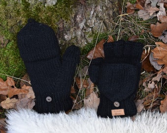 Klapphandschuhe Schwarz Handgestrickt Gefütterte Wollhandschuhe Fäustlinge Fingerlinge Strick Warme Klapp Handschuhe Schwarz Hippie Winter