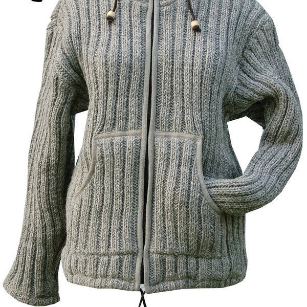 Winterjacke 100% Wolle Warme Strick Jacke Kapuze