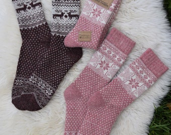 Winter Socken 35-42 Warme Norweger Socken mit Alpaka u. Merino Wolle Rose/Creme Socken Herbst Socken Bordeauxrot Winter Norweger Socken Warm