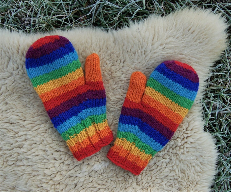 Handschuhe Wolle Bunt Fäustlinge Winter Handschuhe Schafwolle Hippie Handschuhe Gefüttert Rainbow Handschuhe Fäustlinge Strick Winter Bild 5