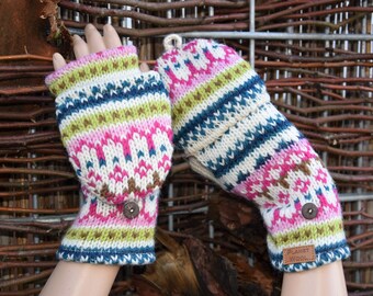 Klapphandschuhe*ANGEBOT* Fingerlos Handgestrickt Gefüttert Handstulpen mit Klappe Gefüttert Bunte Strick Fäustlinge mit Klappe Gefüttert