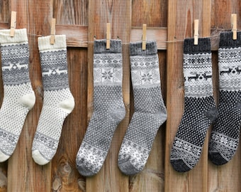 Winter Socken 35-46 Warme Norweger Socken mit Alpaka Wolle Merino Wolle Grau/Creme Haussocken Herbst Winter  Unisex  Norweger Socken Warm