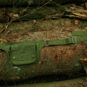 May include: A green canvas fanny pack with metal eyelets and a buckle closure. The pack is lying on a log in a forest setting.