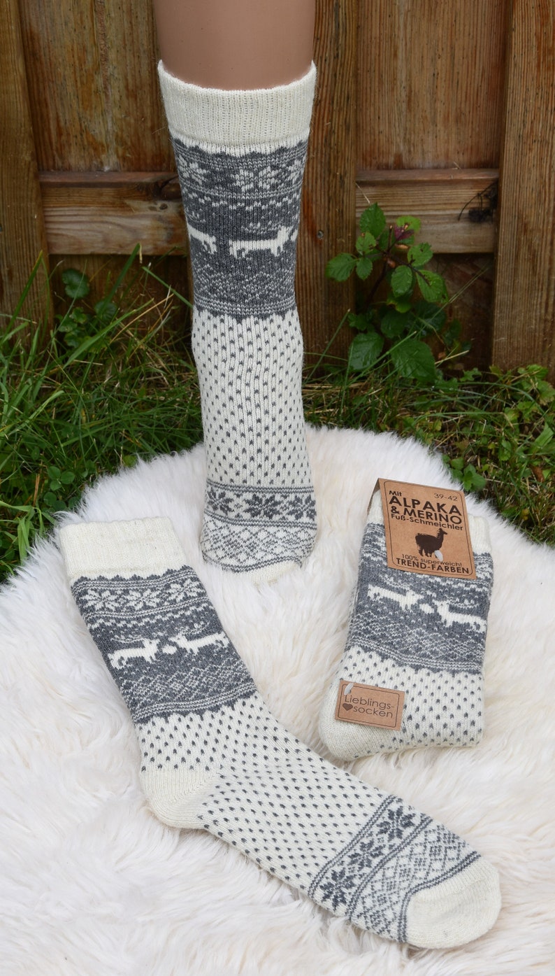 Winter Socken 35-46 Warme Norweger Socken mit Alpaka Wolle Merino Wolle Grau/Creme Haussocken Herbst Winter Unisex Norweger Socken Warm Bild 2