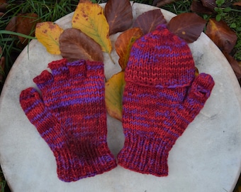 Wollhandschuhe mit Klappe Gefüttert Handgestrickte Klapphandschuhe Rot Lila Schafwolle Fingerlinge mit Klappe Hippie Strick Handschuhe