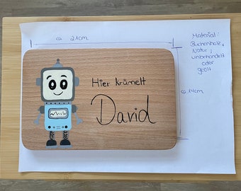 Personalized breakfast board, baptism gift boy, baby shower, robot, researcher, birth gift, wooden board, 1st birthday gift