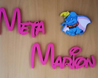 Name or lettering made of wood as desired, 10 cm, price per letter, Disney font, with Dumbo (Disney character) with hand painting