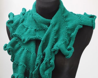 Hand knitted green scarf, long ruffles shawl, unique knitted neck warmer