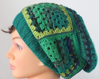 Sombrero slouchy de ganchillo y portabotellas, juego de ganchillo verde a mano