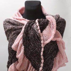 Shawl wrap up with frill, pink brown knitted warmer, breastfeeding cover image 3