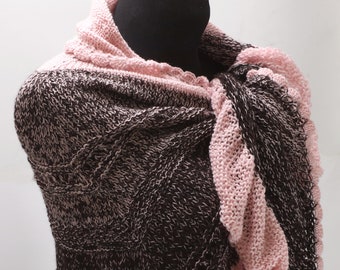 Shawl wrap up with frill, pink brown knitted warmer, breastfeeding cover