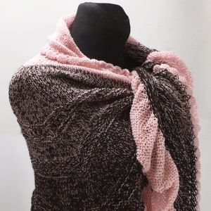 Shawl wrap up with frill, pink brown knitted warmer, breastfeeding cover image 1