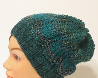 Hand knitted lace green beanie hat for teenager and adult, handmade boho 1970s knit lace women's beanie hat, bad hair day slouchy beanie