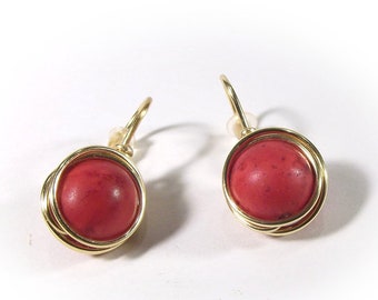 Wire wrapped red post earrings, Christmas gift for women