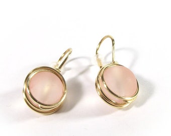 Light pink post earrings, glass pastel pink jewelry, wire wrapping