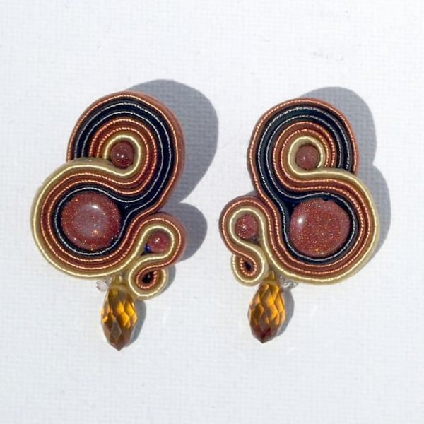 Earrings soutache with goldstone, brown and gold elegant jewelry