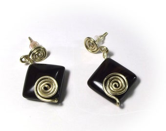 Dangle stud earrings with agate, wire wrapped antique look jewelry