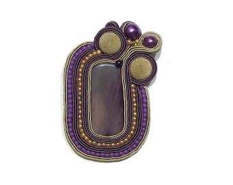 Soutache paarse agaat hanger, violet ketting hanger, groot medaillon