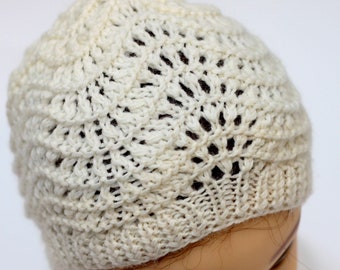 Hand knit lace beanie hat, knitted slouchy for toddler