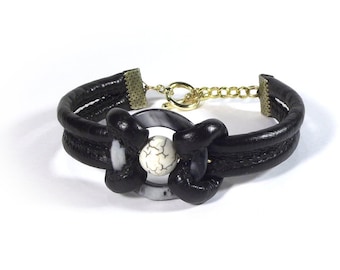Bracelet en faux cuir, bracelet enveloppant inhabituel en nacre, bracelet manchette en cuir noir et blanc, bijoux boho chic modernes unisexes