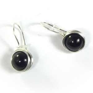 Earrings black onyx in silver wire, natural gemstone wire wrapped, stylish office jewelry image 1