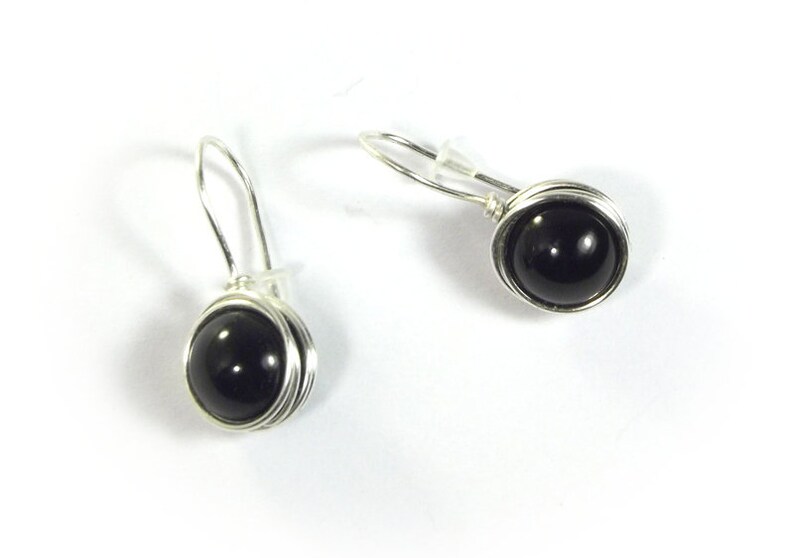 Earrings black onyx in silver wire, natural gemstone wire wrapped, stylish office jewelry image 1