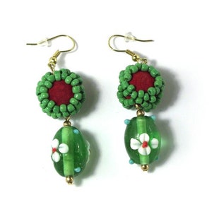 Green Beaded Dangle Earrings: Flower Glass Pendant, Boho Jewelry