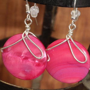 Pink dangle earrings, MOP wire wrapped summer party jewelry image 7