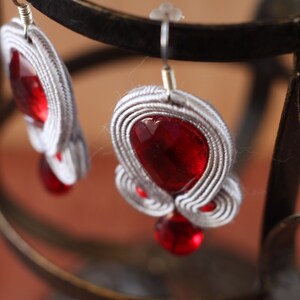 Dangle drop soutache embroidery earrings, red elegant and original anniversary jewelry, unique handmade Christmas holidays fashion earrings image 4