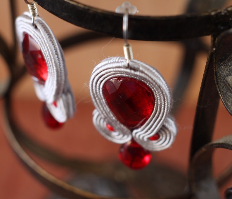 Dangle drop soutache embroidery earrings, red elegant and original anniversary jewelry, unique handmade Christmas holidays fashion earrings image 4