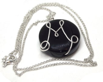 Personalised necklace pendant black onyx with monogram, OOAK gift for her, wire wrapped initial or zodiac sign