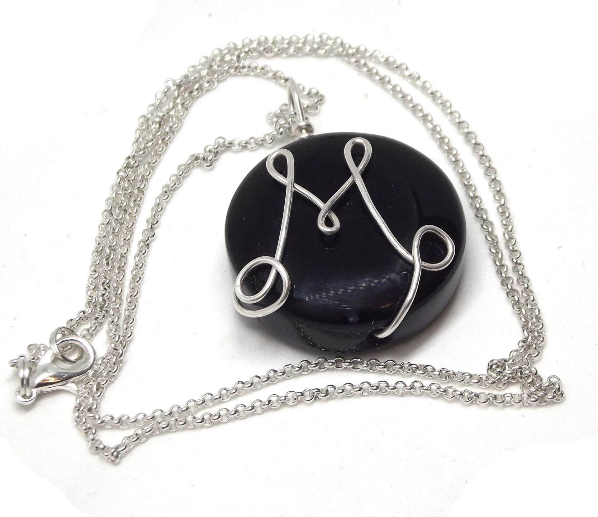 Personalised Necklace Pendant Black Onyx With Monogram, OOAK