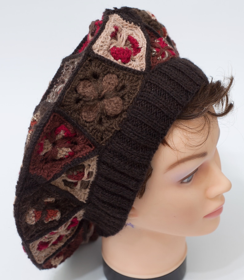 Crochet Boho Beret Warm Hat for Woman Brown Red Squares Etsy