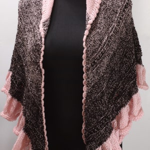 Shawl wrap up with frill, pink brown knitted warmer, breastfeeding cover image 2