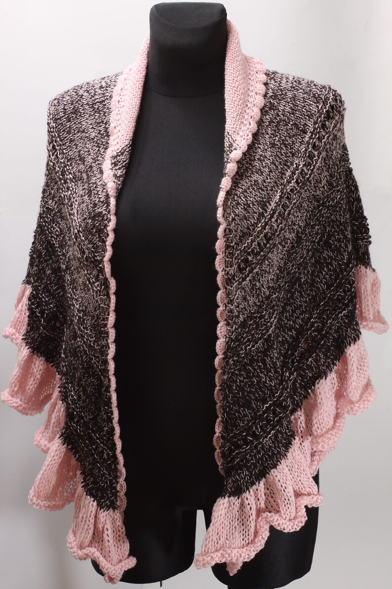 Shawl wrap up with frill, pink brown knitted warmer, breastfeeding cover image 2