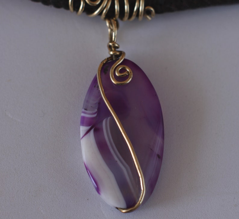 Purple agate necklace, gemstone pendant medallion, purple violet wire wrapped stone image 9