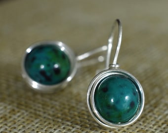 Natural chrysocolla post earrings wire wrapped, birthstone positive energy gift, fashion trendy minimalist jewelry