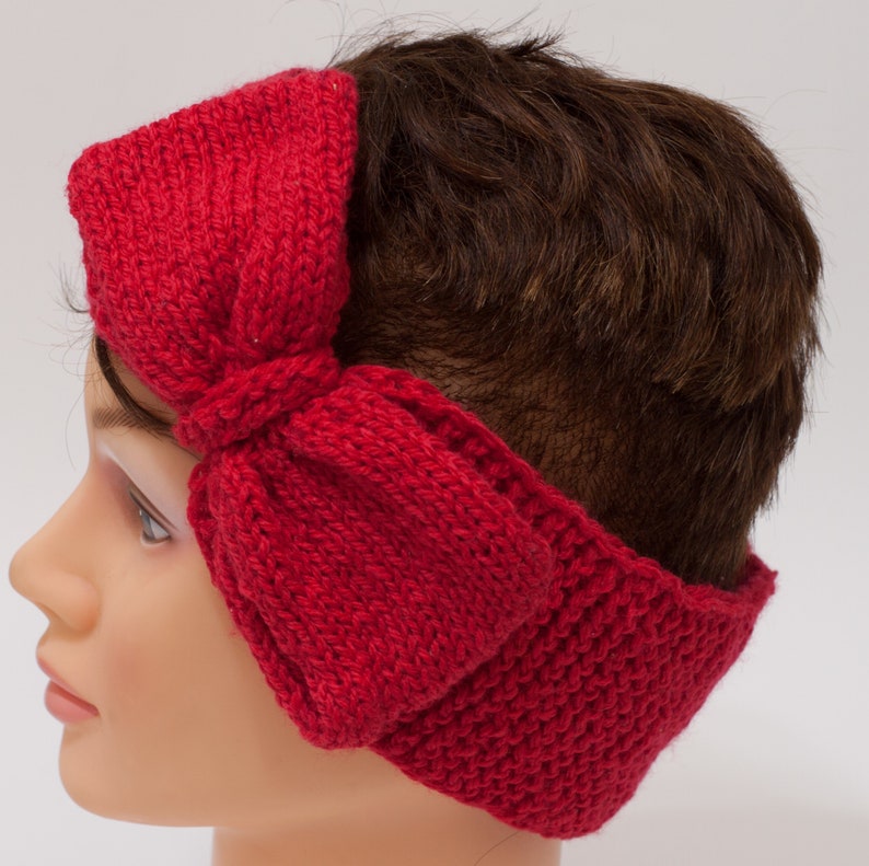 Red headband with bow, knitted fancy warmer, adjustable hairband image 6