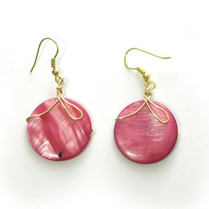 Pink dangle earrings, MOP wire wrapped summer party jewelry image 4