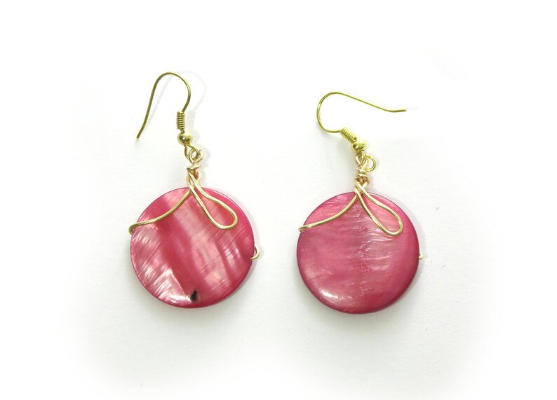Pink dangle earrings, MOP wire wrapped summer party jewelry image 4