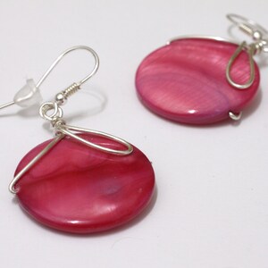 Pink dangle earrings, MOP wire wrapped summer party jewelry image 2