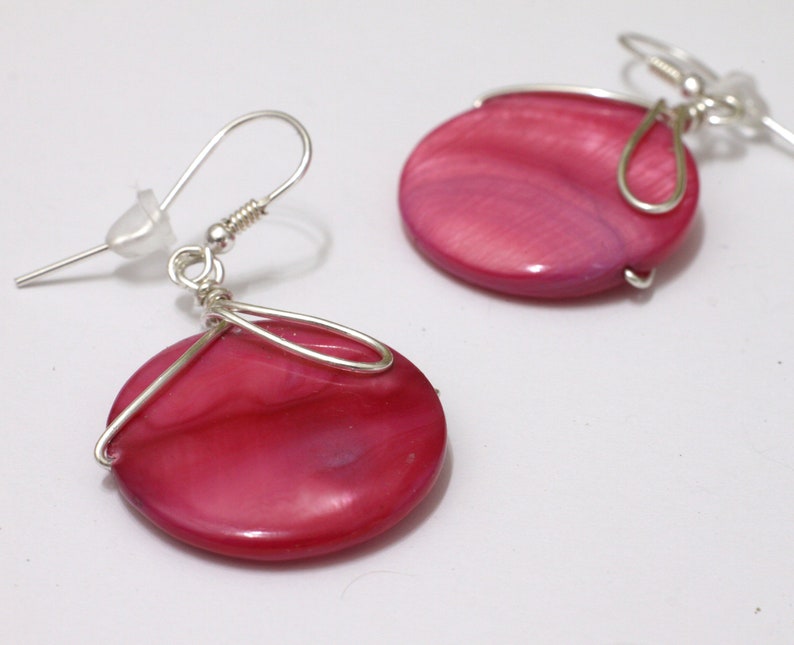 Pink dangle earrings, MOP wire wrapped summer party jewelry image 2