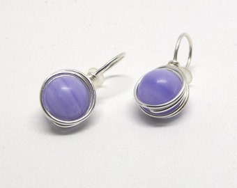 Lavender agate post earrings, silver wire wrapped minimalist studs