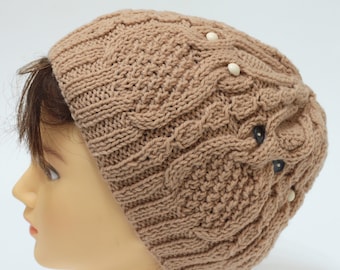 Bonnet en tricot chouette tricoté, bonnet souple femme tricoté à la main beige à la mode, bonnet chouette tricoté pour femmes, bonnet chouette en tricot de taille adulte pour adolescent