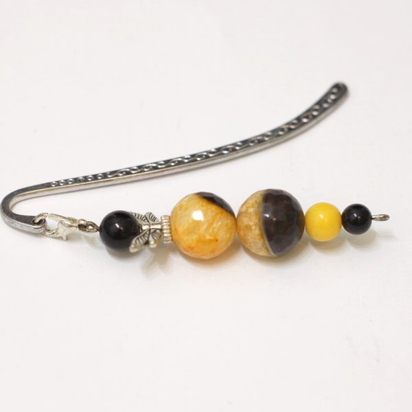 Bee happy bookmark, gemstone metal bookmark, black yellow bee kind charm